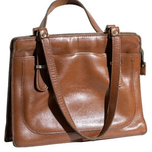 Vintage 1960s Tan Leather Pocketbook Bag Rectangular Top Handle Academia